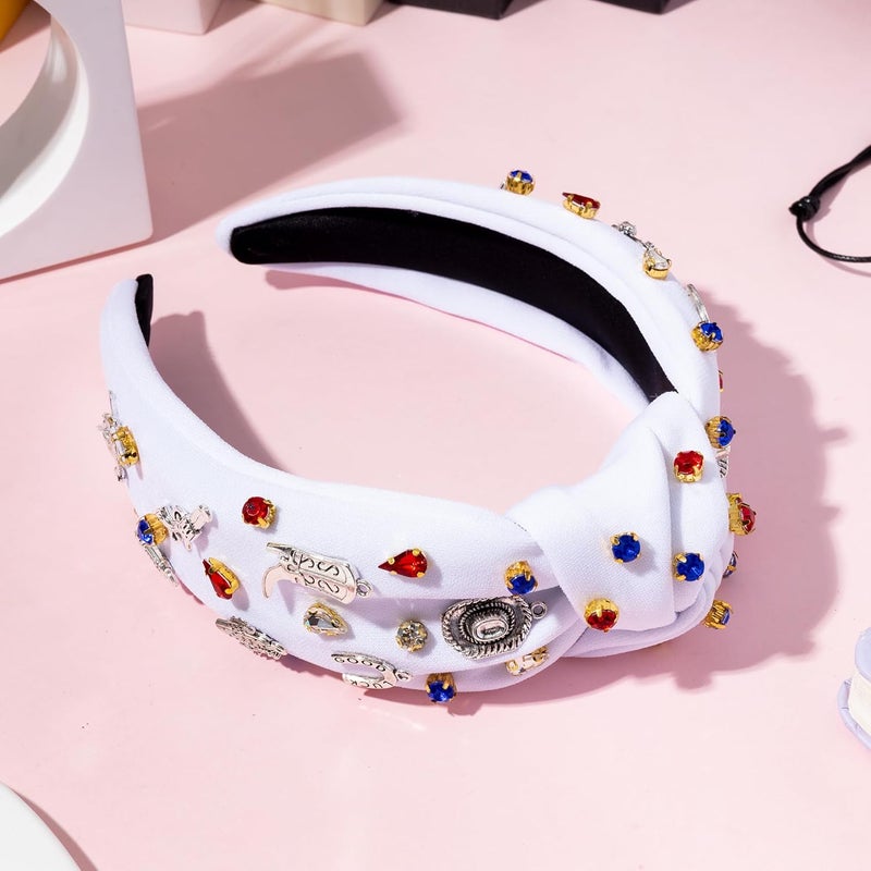 PANTIDE Western Jeweled Knotted Headband - Cowgirl Boots Guitar Cactus Rhinestone Crystal Embellished Headband Wide Top Knot Fashion Hairband Hair Accessories Birthday Gift for Women Girls (White) - Image 4